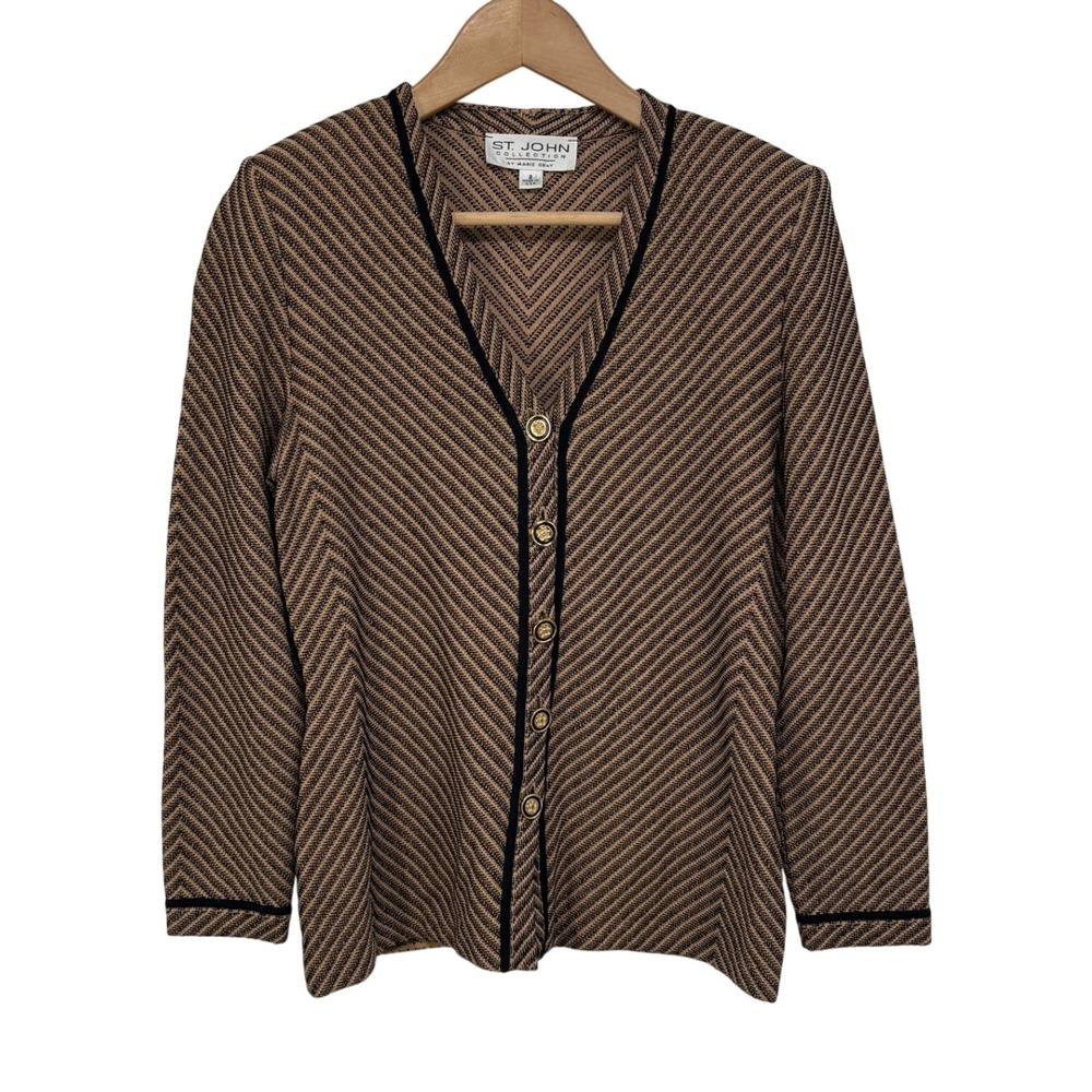 St John Collection Marie Gray Tan Black Chevron Knit Cardigan Gold Buttons Sz 2